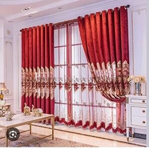 Elegant Red Floral Lined Curtains